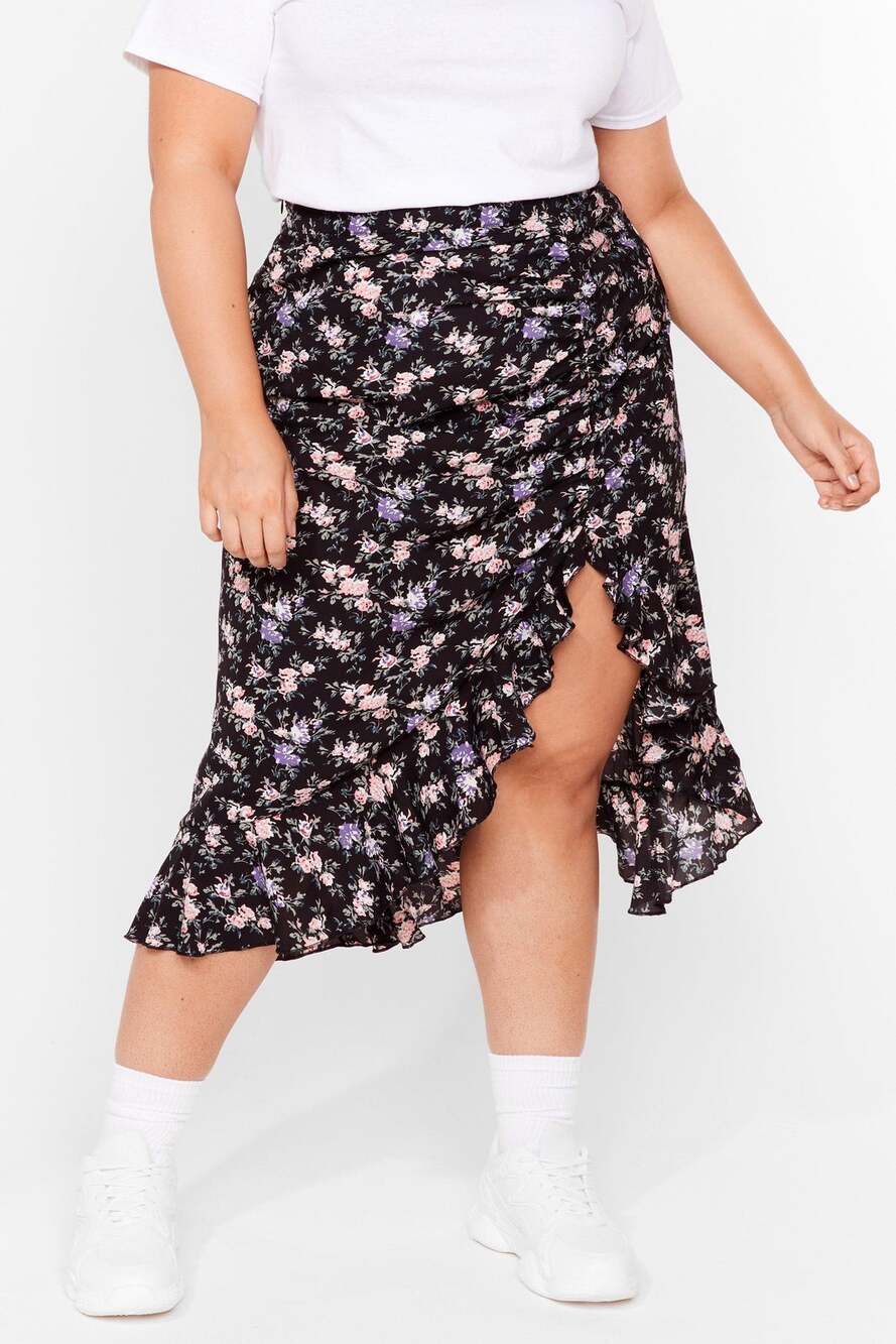 [Nasty Gal] Black Pink Floral Print Ruched Side Ruffle Hem Midi Skirt Size US 16